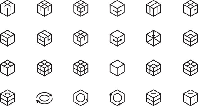 Set of thin line cube icons, isometric box and geometric shapes