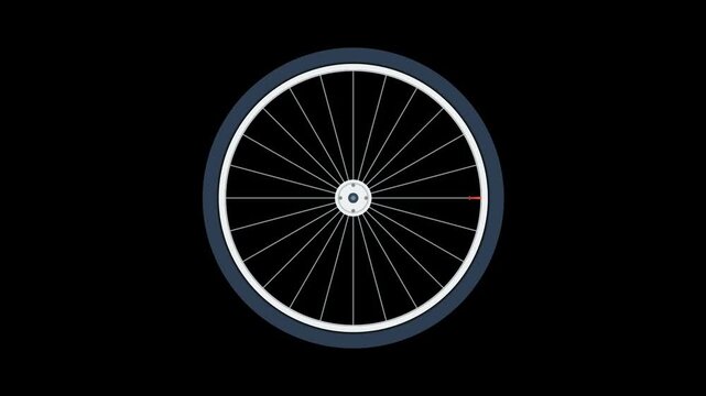 2D flat vector animation of a bicycle wheel spinning on a black background