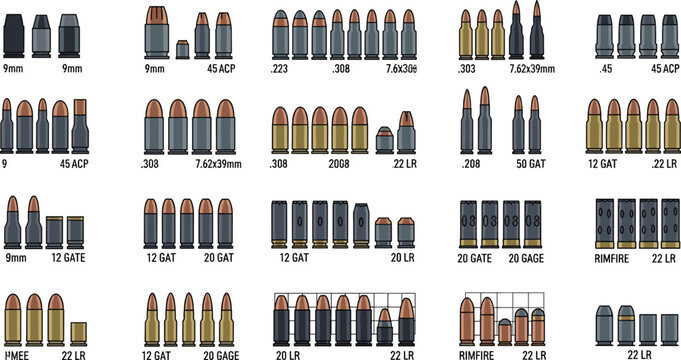 Ammunition Caliber Collection Vector Set Featuring Various Bullet Types, Cartridges, Rifle and Handgun Ammo Sizes Organized in Detailed Flat Illustration Style