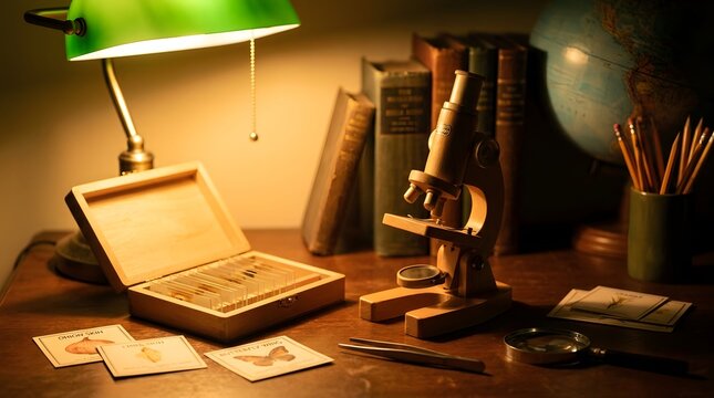 Vintage Study Desk with Microscope and Books