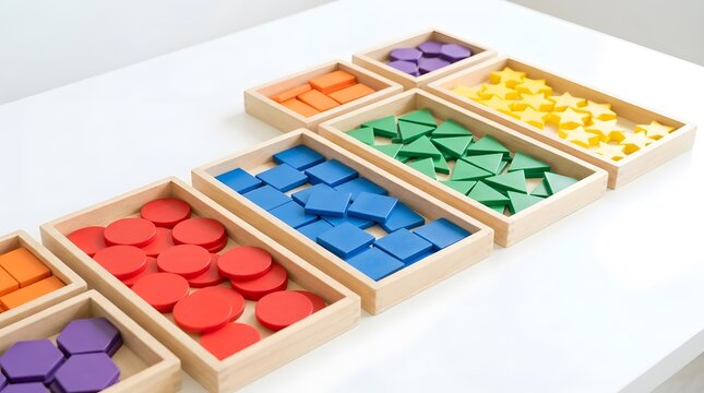 Colorful Shape Counters in Wooden Tray Sets