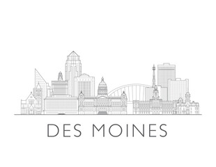 Des Moines skyline, Iowa. Urban cityscape with landmarks and monuments. Hand drawn line art digital skyline illustration in black and white. © NAK