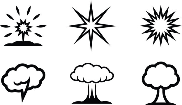 Various explosion and starburst icons in black and white colors simple style