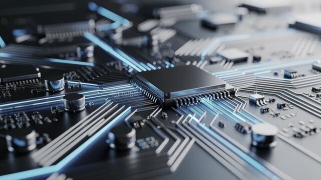 Close up futuristic circuit board with glowing blue pathways and digital technology highlights