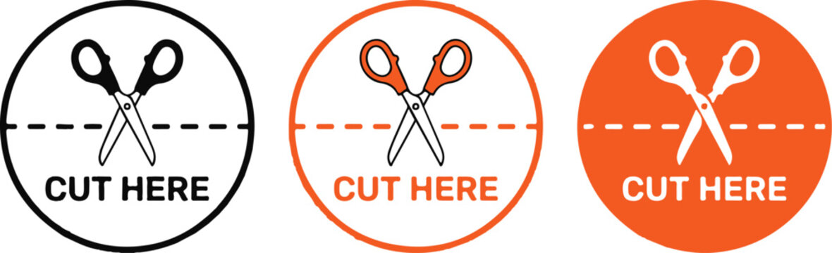 Cut here icons, label stickers, scissors symbols, vector graphics