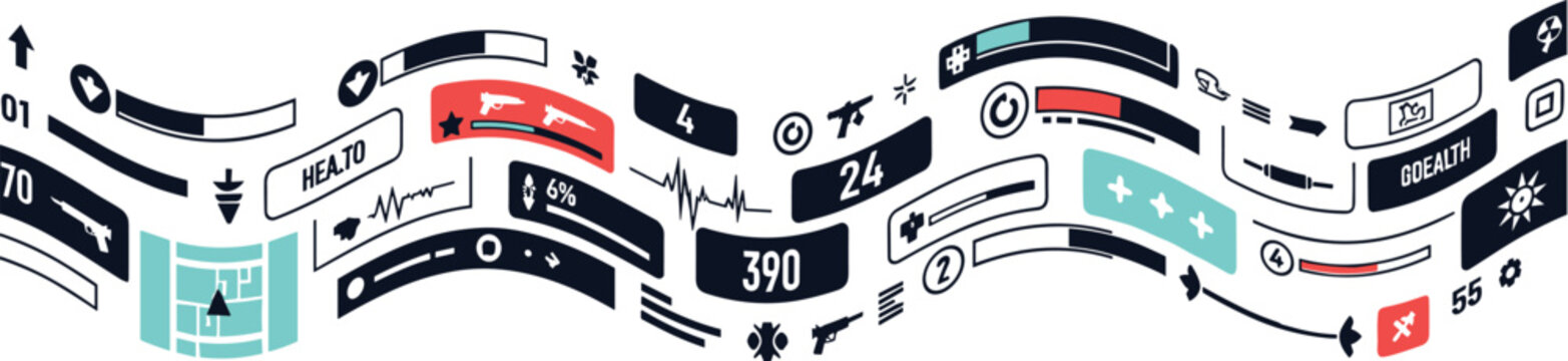 Abstract Futuristic Data Flow Interface Vector Illustration Featuring Curved HUD Elements, Digital Metrics, Health Stats and Analytics Dashboard in Modern Flat Style