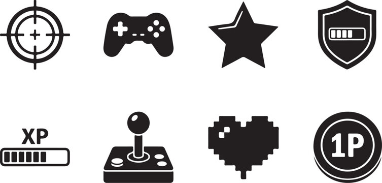 Retro gaming icons, pixel art symbols, video game elements, 8-bit graphics