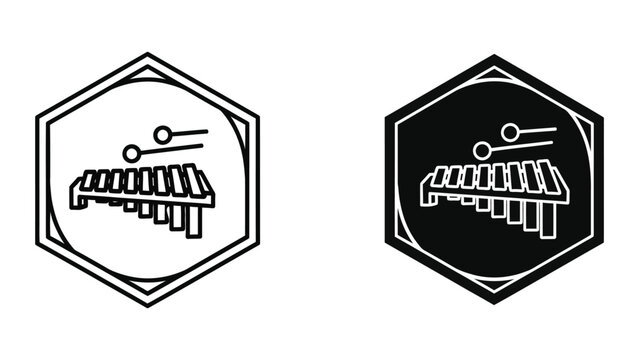 Marimba xylophone musical instrument icons in hexagon badges