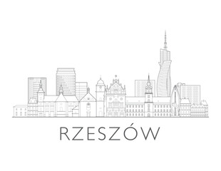 Rzeszów skyline, Poland. Urban cityscape with landmarks and monuments. Hand drawn line art digital skyline illustration in black and white. © NAK