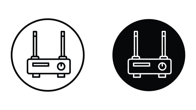 Minimalist router icon with two antennas on black circle background