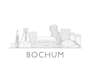 Fototapeta premium Bochum skyline, Germany. Urban cityscape with landmarks and monuments. Hand drawn line art digital skyline illustration in black and white.