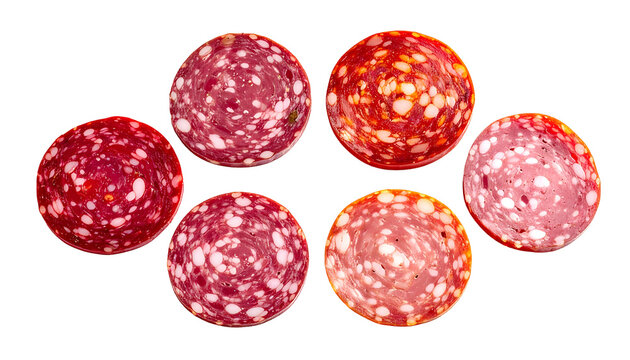 Seven circular cuts of sausage, showcasing varying colors and textures against a black background