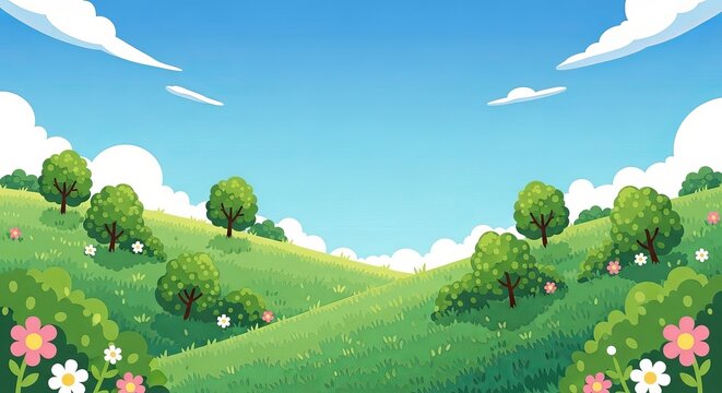 Colorful cartoon landscape with rolling green hills and vibrant flowers under blue sky