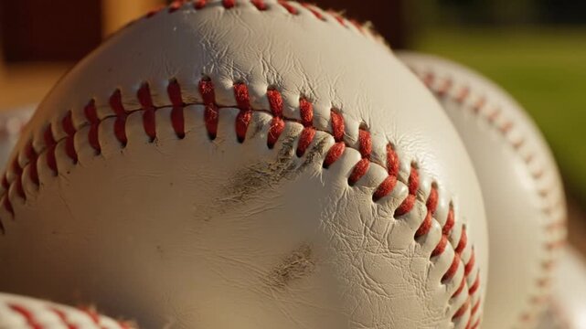 Close up of baseball details texture stitching and sport equipment