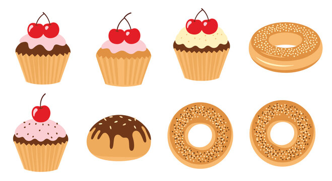 Illustrated collection of sweet cupcakes featuring bright red cherries and ring-shaped donuts arranged in a grid pattern against a solid light cream background.