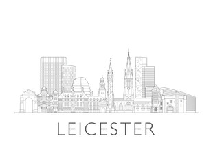 Obraz premium Leicester skyline, England. Urban cityscape with landmarks and monuments. Hand drawn line art digital skyline illustration in black and white.