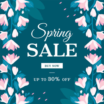 Spring Sale Magnolia flowers frame background vector illustration.