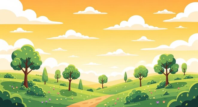 Colorful cartoon landscape with rolling green hills and trees under sunny sky