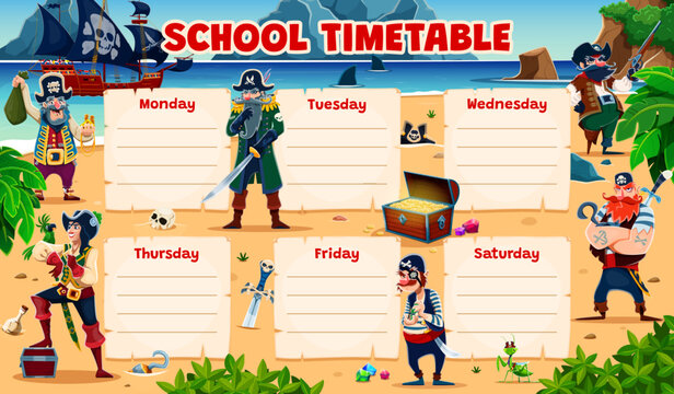 Cartoon pirate school education timetable schedule for children. Vector weekly planner template with playful pirate characters, ship, treasure chest and map on sandy beach with space for writing notes