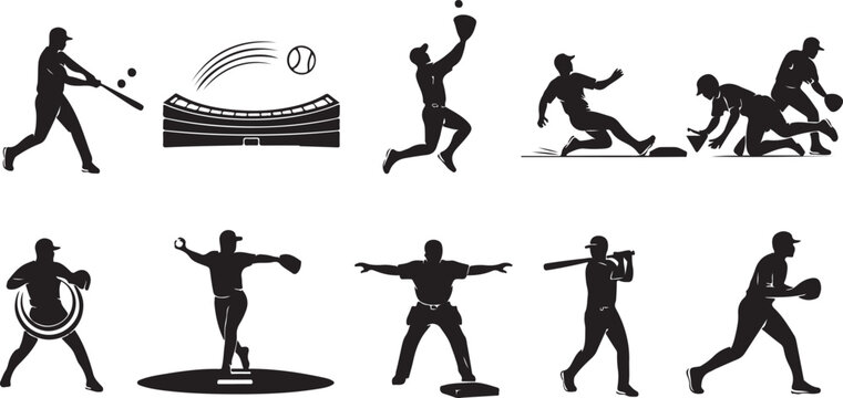 Professional baseball action poses with players batting pitching sliding and fielding in various dynamic athletic motion silhouettes.
