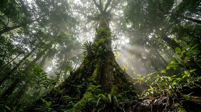 Majestic green forest with glowing morning sunlight rays
