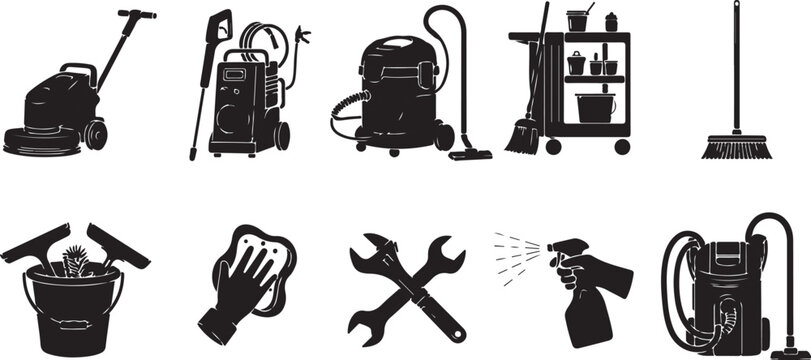 Professional cleaning equipment icons collection showing vacuum cleaners floor buffers cleaning supplies tools and maintenance gear.