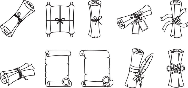 Ancient scroll collection featuring paper rolls with wax seals and quill pen for historical document and diploma certificate design.