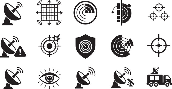 Radar technology icons set for surveillance tracking and satellite communication systems with graphical interface elements for digital.