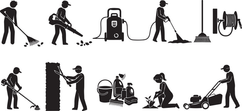 Gardening and cleaning icons with people raking leaves blowing snow mowing lawn trimming hedge planting and pressure washing.