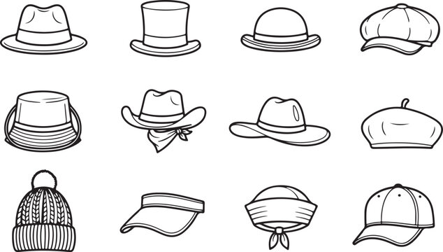 Hat icons set featuring various headwear styles like fedora top hat bowler bucket cap beanie visor and beret for fashion design.
