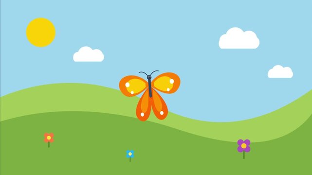 Animated Orange Butterfly Flying Over Green Hills in Sunny Landscape