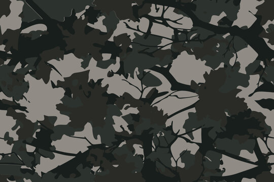 Abstract dark hunting camouflage seamless pattern resembling forest trees background.