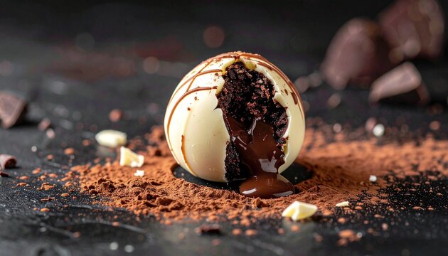 A delicious white chocolate truffle filled with molten dark chocolate flowing out onto a dark textured surface covered in cocoa powder.