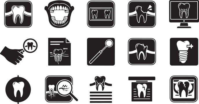 Dental care and teeth diagnostic vector icons set featuring tooth anatomy x-rays dental tools medical checkup examination procedures.