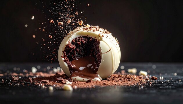 A delicious white chocolate truffle filled with molten dark chocolate ganache served on a dark textured background with cocoa powder dusting.