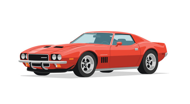A sleek red muscle car shown from a three-quarter front perspective on a white backdrop, displaying detailed chrome bumpers and classic hood vents in a flat design.