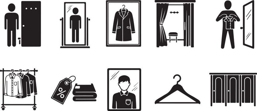 Clothing store vector icons set. fitting room, changing clothes, trying on, shopping, discount, hanger. fashion collection.