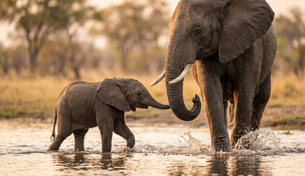 Adorable baby African elephant walking beside mother