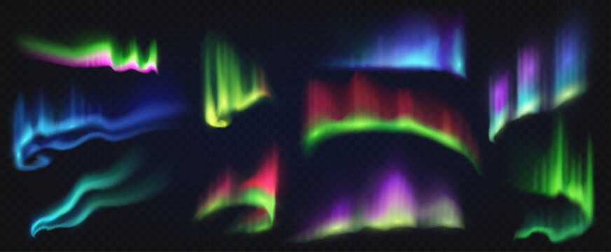 Aurora borealis northern polar light. Polar borealis night sky light set, aurora northern glows. Arctic nature luminescence or aurora borealis solar wind phenomenons collection