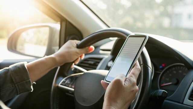 Person using a smartphone while driving a car, holding the phone in one hand and the steering wheel in the other.