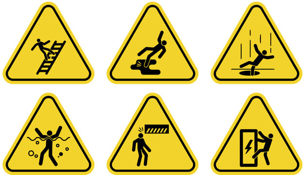 Collection of yellow warning signs with pictograms for safety hazards including falling from height slipping and electrical shock vector illustration for industrial and public safety