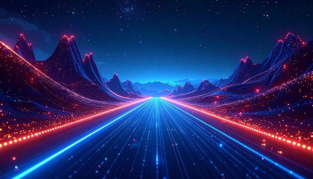 A surreal futuristic landscape featuring a glowing light speed road leading through dark jagged mountains under a starry night sky digital art.