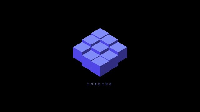 Blue isometric 3D cubes animating with 'LOADING' text on a black background, representing data processing, technology, and system progress.
