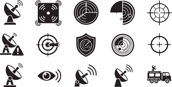 Black radar and satellite communication icons set including target scope antenna dish surveillance and tracking signal symbols.