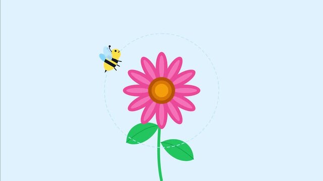 Cartoon bee flying in a circle around a pink flower in flat animation style against a light blue background for nature education.
