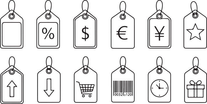 Set of price tags icons on transparent background shopping labels with discount currency symbols.