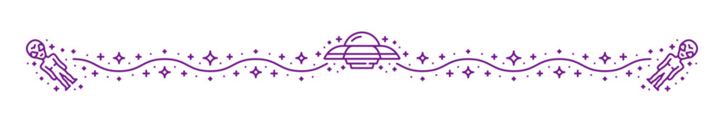 Outer space alien UFO and cosmos line divider or border. Cosmos travel thin line frame border, galaxy outer space invaders or space discovery vector separator line. Divider with alien flying saucer © Vector Tradition