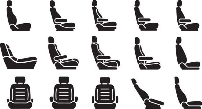 Automotive seat silhouette set including car chairs with headrests armrests recline positions and interior vehicle seating comfort.
