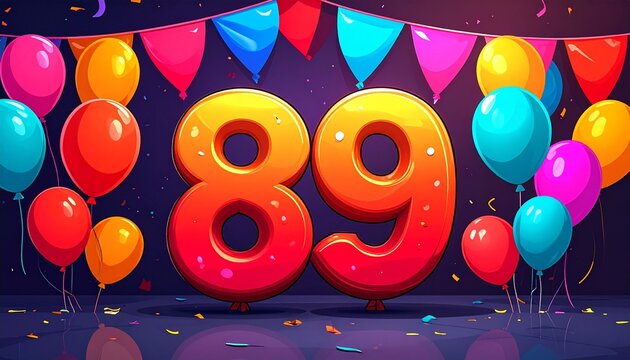 Bright and colorful number 89 balloons celebration background with festive party bunting and confetti for eighty ninth birthday anniversary.