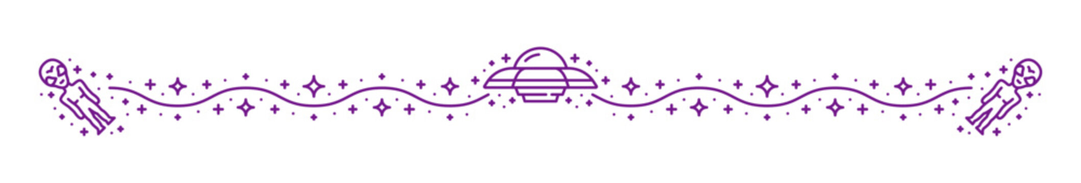Outer space alien UFO and cosmos line divider or border. Cosmos travel thin line frame border, galaxy outer space invaders or space discovery vector separator line. Divider with alien flying saucer